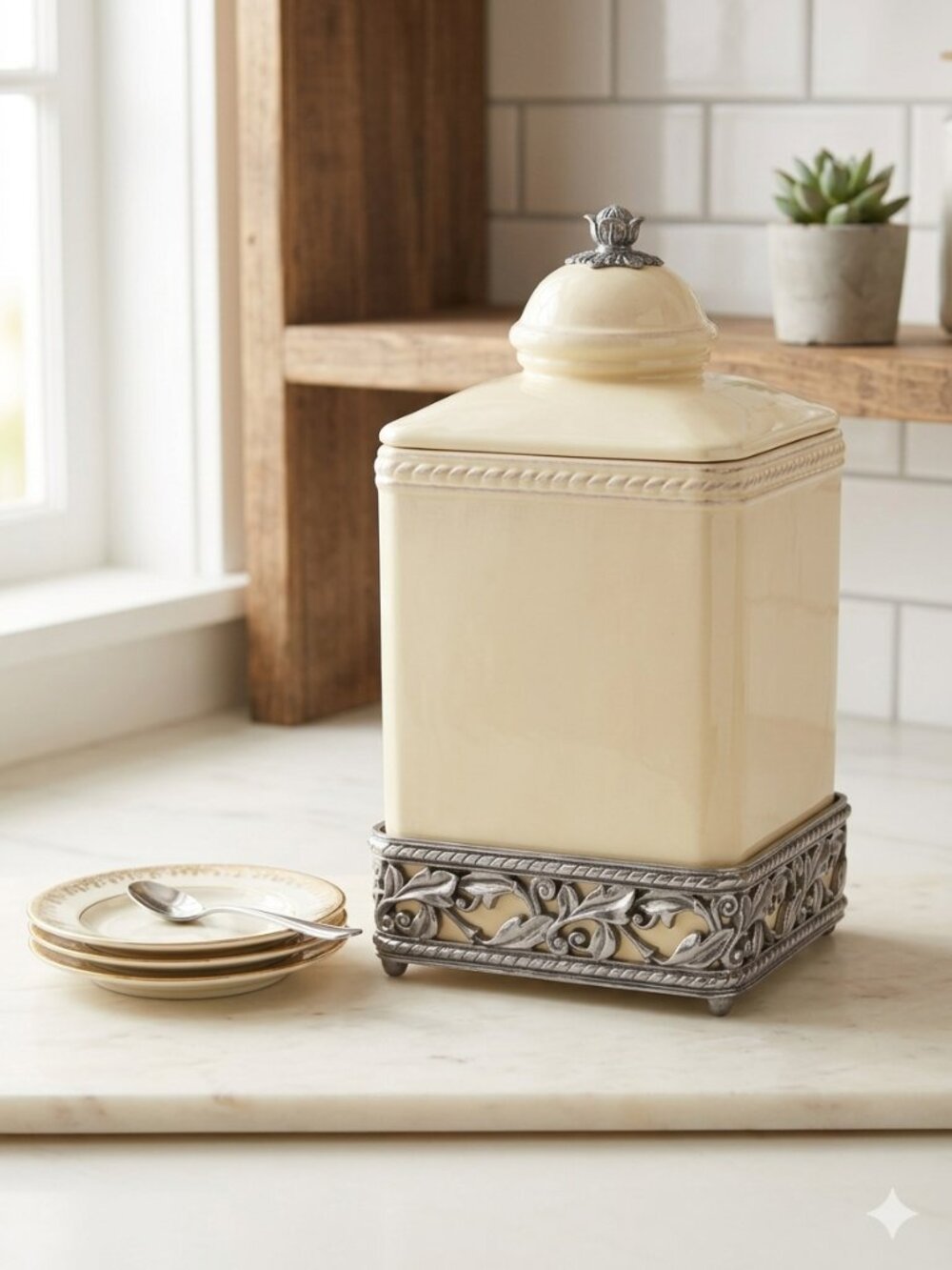 Biltmore For Your Home Ceramic Canister w/ Ornate Metal Scroll Base & Lid Cream